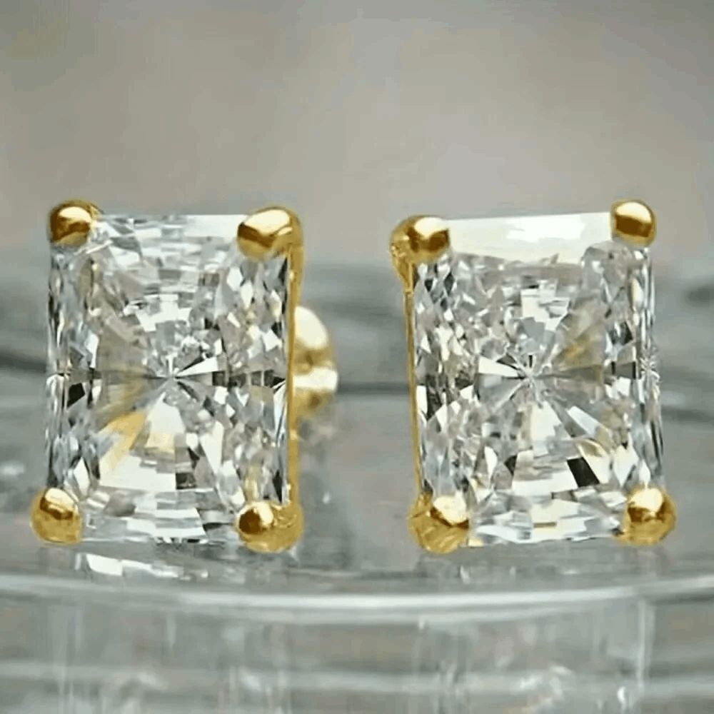Rectangle Diamond Gold Stud Earrings